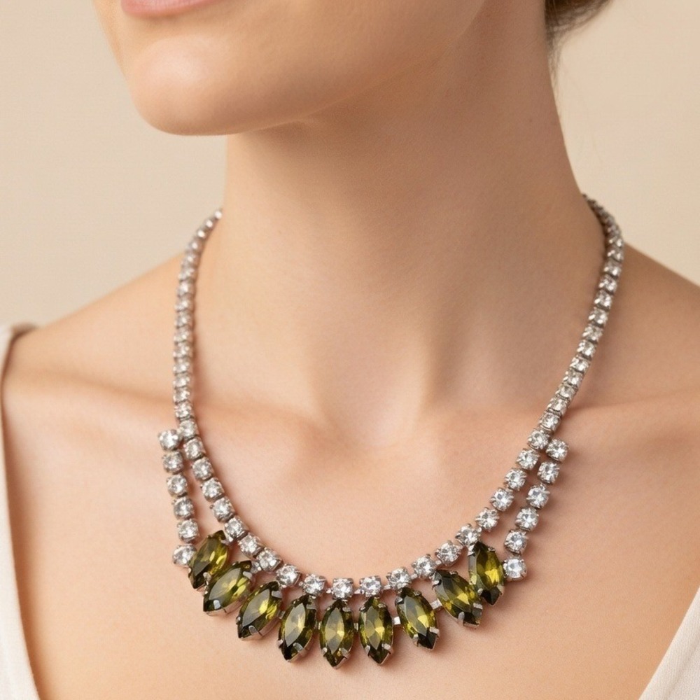 Vintage Green Rhinestone Signed Necklace Fringe Statement  B David Navette